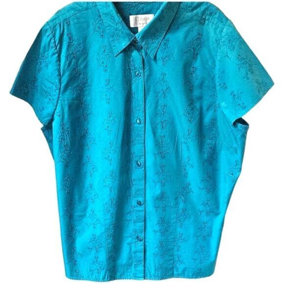 CJ BANKS Plus Size Teal/Green Short Sleeve Open Knit blouse. - Picture 1 of 15